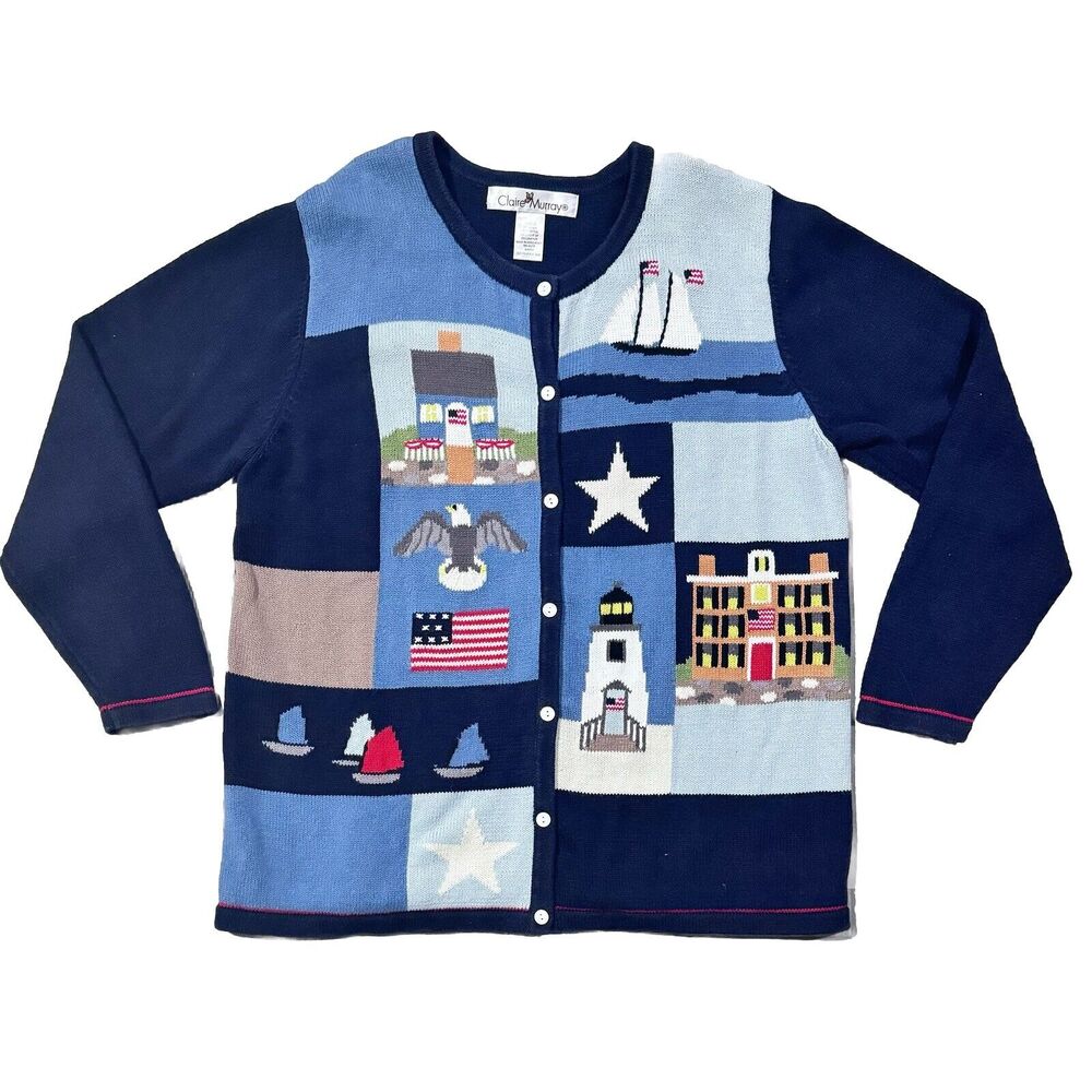 Claire‎ Murray Womens Cardigan Large Ramie Cotton Americana Lighthouses Sailboat